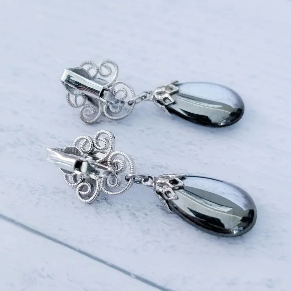Vintage Clip On Earrings Stunning Silver Tone & Grey Dangle Regal
